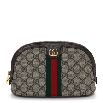 GUCCI GG Supreme Monogram Textured Calfskin Web Large Ophidia Cosmetic Case Beige Ebony New Acero