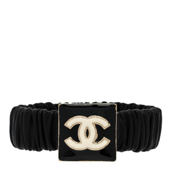 CHANEL Lambskin Metal Enamel CC Hair Tie Black Gold