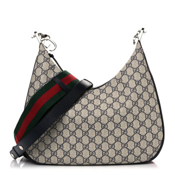 GUCCI GG Supreme Monogram Textured Calfskin Web Large Attache Shoulder Bag Beige Blue