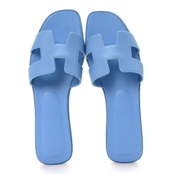 HERMES Calfskin Oran Sandals 40.5 Bleu Faience