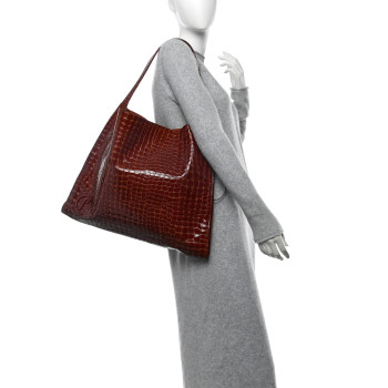 CHRISTIAN LOUBOUTIN Patent Calfskin Crocodile Embossed Le 54 Tote Acajou