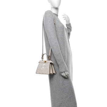 FENDI Vitello Seta Shiny Nappa Floral Embroidered Petite Peekaboo I SEE U Satchel Camelia White Ice