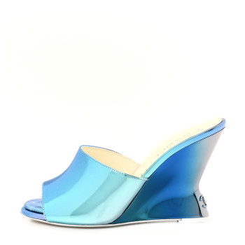 CHANEL Laminated Calfskin Wedge Mules 38 Blue Purple
