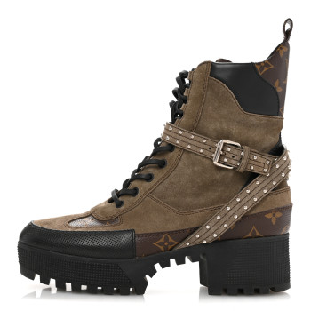 LOUIS VUITTON Suede Calfskin Monogram Laureate Platform Desert Boots 39 Kaki