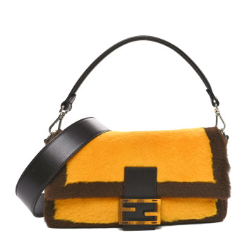 FENDI Fur Calfskin Karung Baguette Mimosa Dark Coffee
