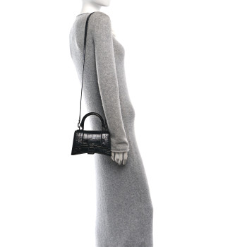 BALENCIAGA Shiny Calfskin Monochrome Crocodile Embossed Hourglass Top Handle Bag XS Black