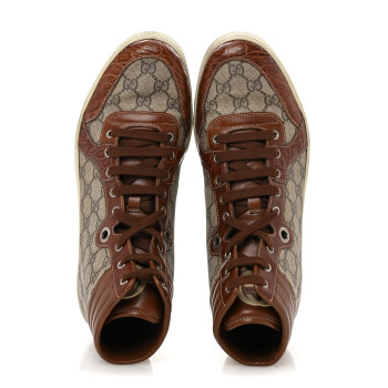 GUCCI GG Plus Monogram Calfskin Crocodile Embossed Mens Coda High Top Sneakers 10.5 Brown