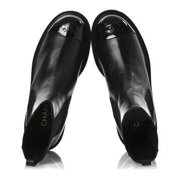 CHANEL Crumpled Calfskin Patent Cap Toe Short Boots 39.5 Black