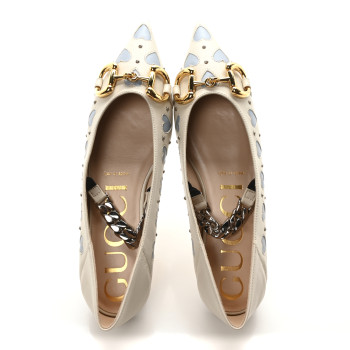 GUCCI Nappa Lovelight Deva Horsebit Chain Embellished Flats 36.5 Mystic White Paradise Cloude