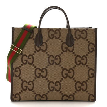 GUCCI Monogram Jumbo GG Textured Dollar Calfskin Web Tote Bag Camel Ebony New Acero