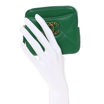 CHANEL Lambskin Quilted Chanel 19 Zip Card Holder Wallet Green