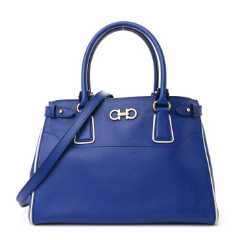 SALVATORE FERRAGAMO Hammered Calfskin Batik Tote Blue White