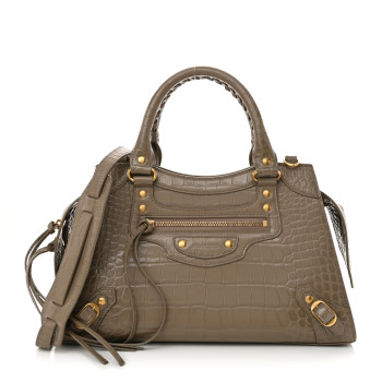 BALENCIAGA Shiny Supple Calfskin Crocodile Embossed Neo Classic Gold Hardware S City Mink Grey