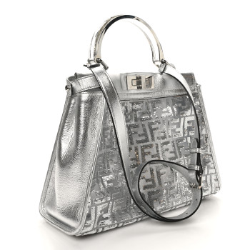 FENDI PVC Vitello Catalan Mirror Sequin FF Medium Peekaboo Iconic Satchel Argento