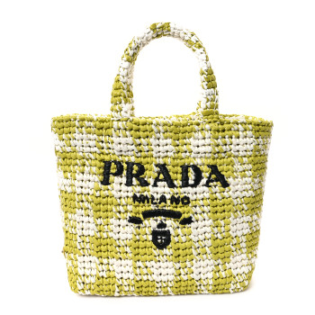 PRADA Yarn Raffia Effect Crochet Embroidered Small Logo Tote Citron Yellow