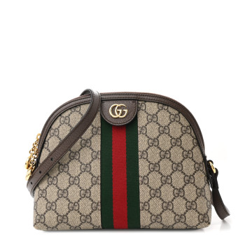 GUCCI GG Supreme Monogram Textured Dollar Calfskin Web Small Ophidia Dome Shoulder Bag Beige Ebony New Acero
