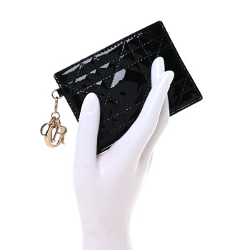 CHRISTIAN DIOR Patent Cannage Lady Dior Card Holder Black