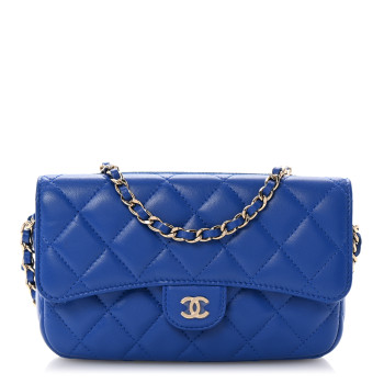 CHANEL Lambskin Quilted Flap Phone Holder With Chain Blue