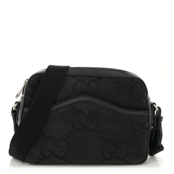 GUCCI Monogram Jumbo GG Textured Dollar Calfskin Web Messenger Shoulder Bag Black