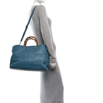 GUCCI Pebbled Calfskin Large Bamboo Shopper Tote Light Blue