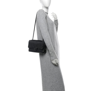 CHANEL Metallic Patent Crumpled Calfskin Chevron Quilted Medium Double Flap So Black