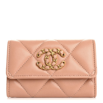 CHANEL Lambskin Quilted Chanel 19 Flap Card Holder Beige