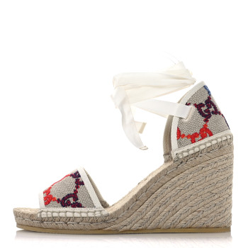 GUCCI Linen Psychedelic Mini GG Monogram Ankle Wrap Platform Espadrille Wedge Sandals 39 Multicolor Mystic White