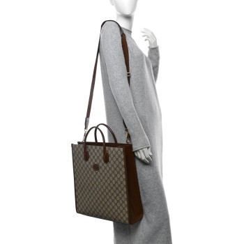 GUCCI GG Supreme Monogram Textured Dollar Calfskin Web Medium Retro Interlocking G Vertical Tote Bag Beige Ebony Brown Sugar
