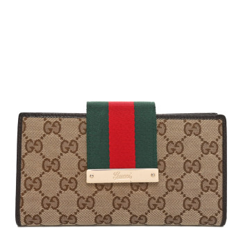 GUCCI Monogram Calfskin Ladies Web Continental Wallet Beige Ebony Cocoa