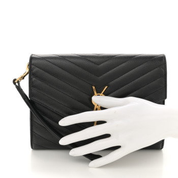 SAINT LAURENT Grain De Poudre Matelasse Chevron Monogram Cassandre Flap Pouch Black