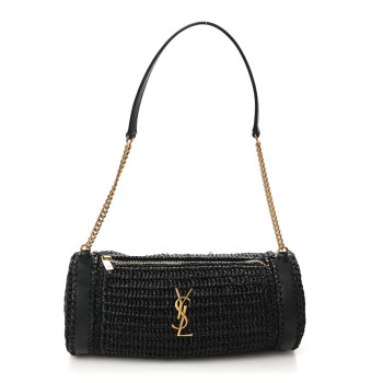 SAINT LAURENT Raffia Monogram Small Cassandre Cylinder Bag Black