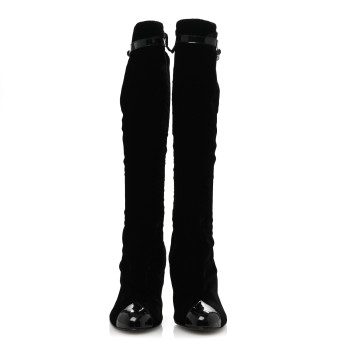 CHANEL Velvet Patent Cap Toe Knee High Boots 37.5 Black