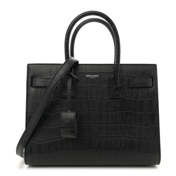 SAINT LAURENT Calfskin Crocodile Embossed Baby Sac De Jour Carryall Black
