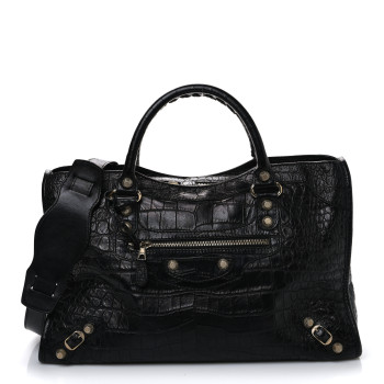 BALENCIAGA Calfskin Crocodile Embossed Giant 12 Gold Hardware City Black