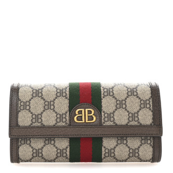 GUCCI X BALENCIAGA BB Supreme Monogram Textured Dollar Calfskin Web Ophidia Continental Wallet Beige Ebony New Acero