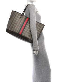 GUCCI GG Supreme Monogram Textured Dollar Calfskin Web Large Ophidia Tote Beige Ebony New Acero