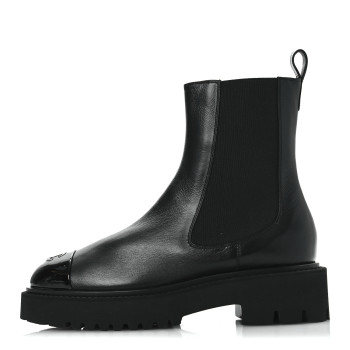 CHANEL Crumpled Calfskin Patent Cap Toe Short Boots 39.5 Black