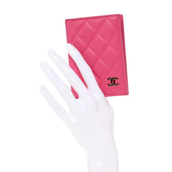 CHANEL Lambskin Quilted Card Holder Wallet Dark Pink