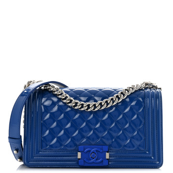 CHANEL Patent Calfskin Quilted Medium Plexiglass Boy Flap Blue