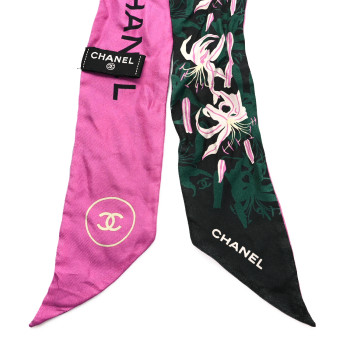 CHANEL Silk CC Slim Bandeau Scarf Black Green Pink