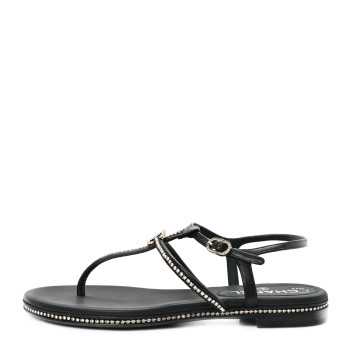 CHANEL Lambskin Strass CC Thong Sandals 36.5 Black