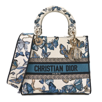 CHRISTIAN DIOR Canvas Toile de Jouy Mexico Embroidered Medium Lady D-Lite White Blue Multicolor