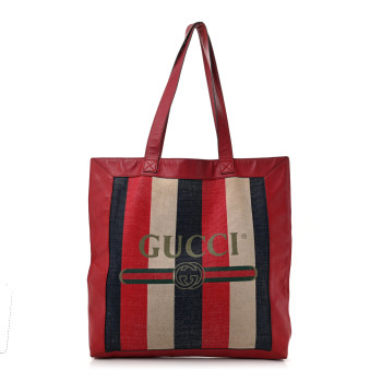GUCCI Canvas Calfskin Sylvie Stripe Logo Mens Tote Red White Blue