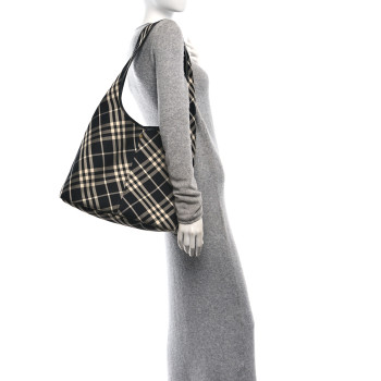 BURBERRY Canvas Check Large Shoulder Bag Black Calico
