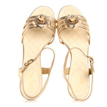 CHANEL Metallic Lambskin Camellia Sandals 40 Gold