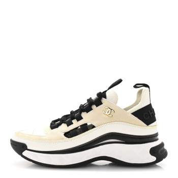 CHANEL Fabric Calfskin Suede CC Sneakers 36 Ivory Black