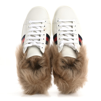 GUCCI Calfskin Wool Web Bee Embroidered Womens Ace Sneakers 36 White