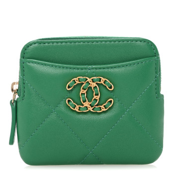 CHANEL Lambskin Quilted Chanel 19 Zip Card Holder Wallet Green