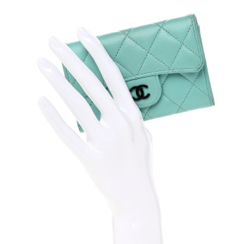 CHANEL Lambskin Quilted Flap Card Holder Wallet Turquoise