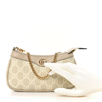 GUCCI GG Supreme Monogram Textured Dollar Calfskin Web Mini Ophidia GG Handbag Beige Mystic White Oatmeal Beige Mystic White Oatmeal